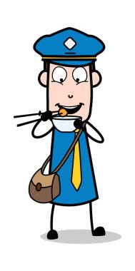 Chopsticks ile Yemek Yemeği - Retro Postacı Karikatür Kurye Guy 