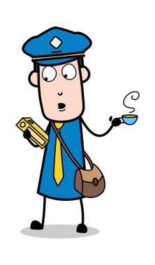 Kahve İçme ve Readiung Kitap - Retro Postacı Karikatür Courie