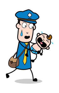 Ağlayan Bir Bebek ile Koşu - Retro Postacı Karikatür Kurye Guy V
