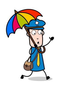 Şemsiye ile Koşu - Retro Postacı Karikatür Kurye Guy Vector