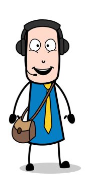 Kulaklık ile Talking - Retro Postacı Karikatür Kurye Guy Vecto