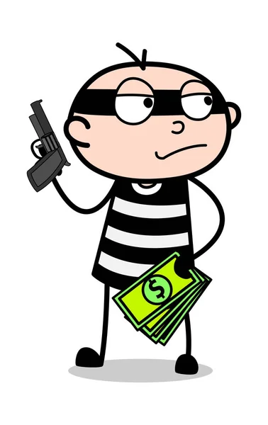Voleur avec argent et arme - Voleur de bande dessinée criminel Guy Vector Ill — Image vectorielle
