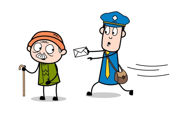 手紙を届けるために老人に向かって走る - レトロな郵便配達員C — ストックベクタ