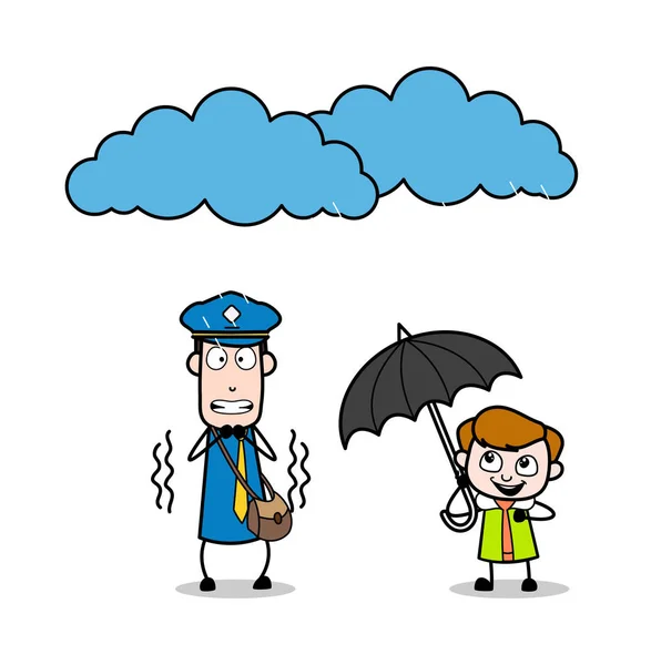 Postman Shivering in Rain and Kid Standing Under the Umbrella - — Stock Vector