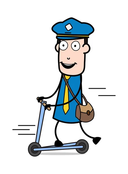 Játszó Scooter-retro Postman Cartoon futár Guy Vector — Stock Vector