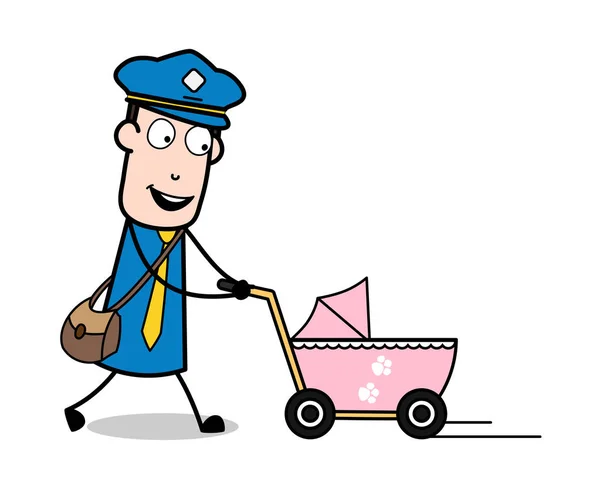 Het houden van een kinderwagen en wandelen met het-retro postman cartoon Couri — Stockvector