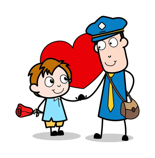 郵便配達人にバラを贈る子供 - レトロな郵便配達漫画C — ストックベクタ