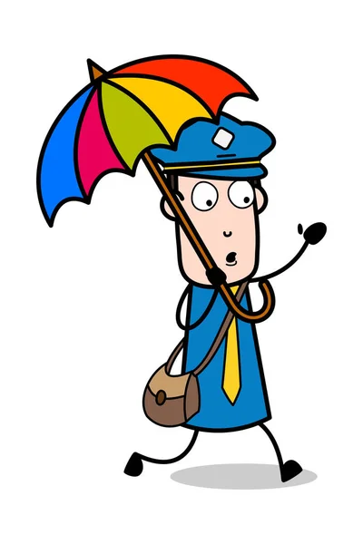 Holding an Umbrella and Running - Retro Postman Cartoon Courier — Stock Vector