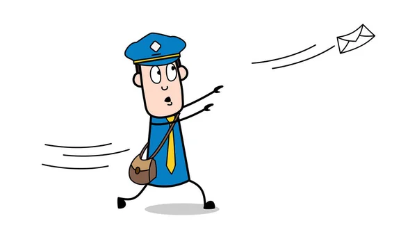 Yüzen Mektup Yakalamak için Koşu - Retro Postacı Karikatür Kurye — Stok Vektör