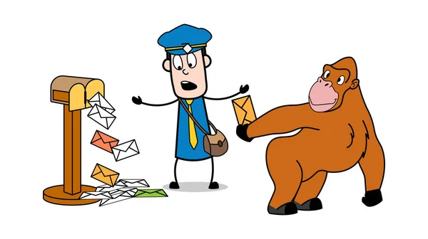 猿は手紙ボックスを壊した - レトロな郵便配達員漫画クーリエガイベクト — ストックベクタ