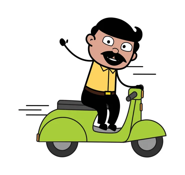 Lovaglás a robogó és a Gesztázás Hand-indiai Cartoon Man F — Stock Vector