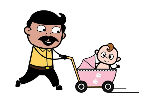 Walking with Baby in Baby Stroller - Indian Cartoon Man Father V - Stok Vektor