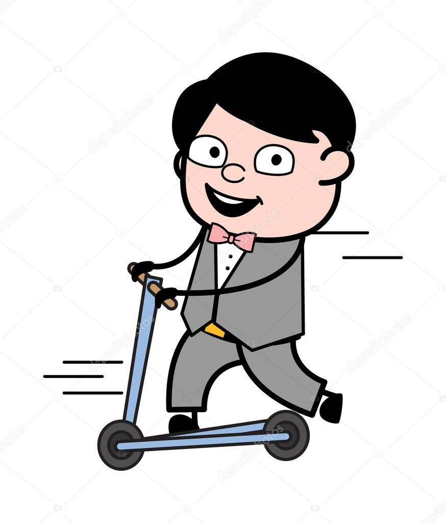 Cartoon Groom Rides the kick scooter