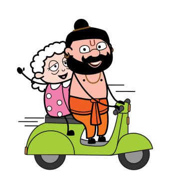 Çizgi film Pandit Scooter 'ı yaşlı bir kadınla sürüyor.