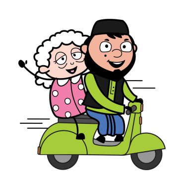 Çizgi filmdeki Müslüman adam yaşlı bir kadınla Scooter sürüyor.