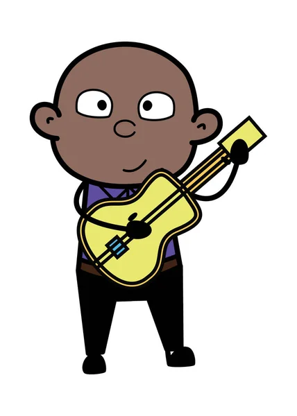 Desenhos Animados Careca Black Man Tocando Guitarra —  Vetores de Stock