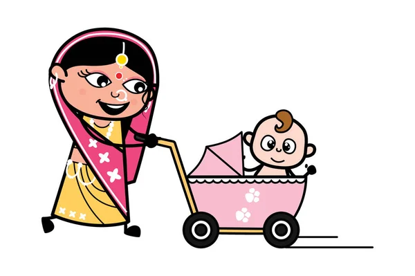 Cartone Animato Indiano Donna Con Passeggino — Vettoriale Stock
