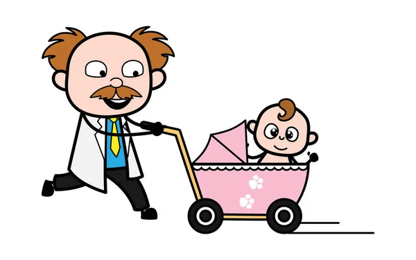 Cartoon Scientist Dengan Kereta Bayi - Stok Vektor