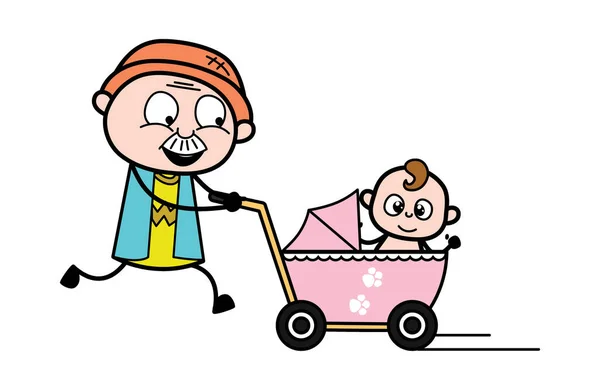 Avô Dos Desenhos Animados Com Carrinho Bebê —  Vetores de Stock