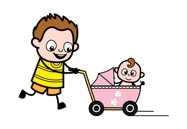 带婴儿车的卡通小男孩 — 图库矢量图片