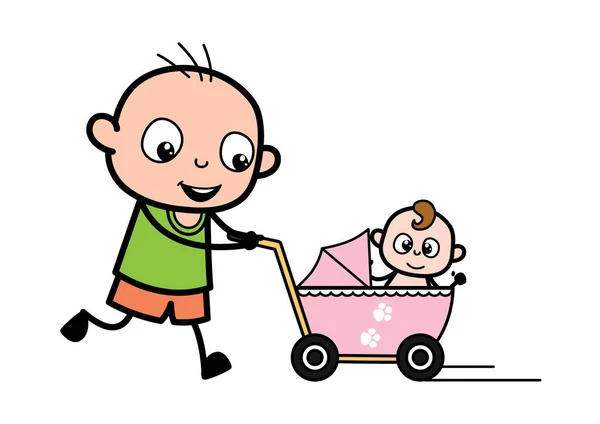Desenhos Animados Careca Menino Com Carrinho Bebê — Vetor de Stock