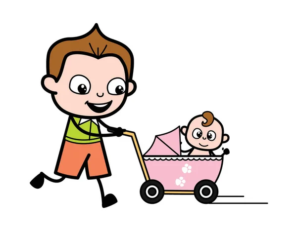 卡通男孩带着婴儿车 — 图库矢量图片