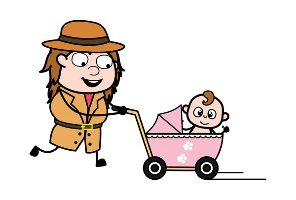 Investigador Dibujos Animados Con Carrito Bebé — Vector de stock