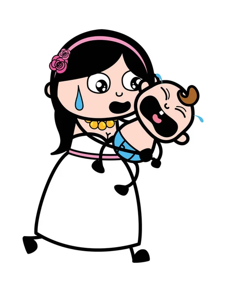 Desenhos Animados Noiva Segurando Chorando Bebê — Vetor de Stock