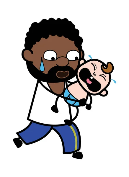Cartoon African American Man Menggendong Bayi Menangis - Stok Vektor