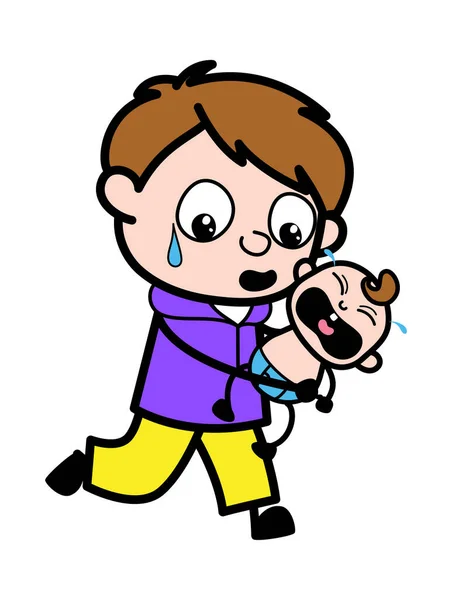 Cartoon Boy Sosteniendo Bebé Llorando — Vector de stock