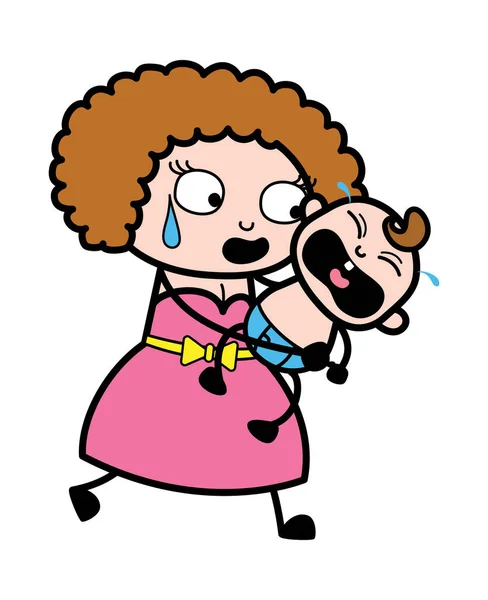 泣いている赤ちゃんを保持漫画の若い女性 — ストックベクタ