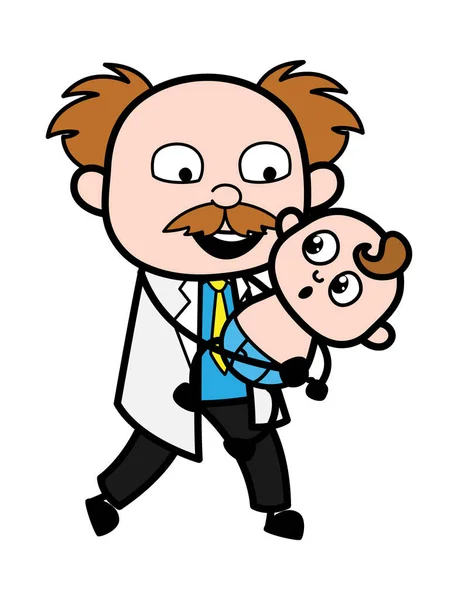 Cartoon Scientist Holding Baby - Stok Vektor