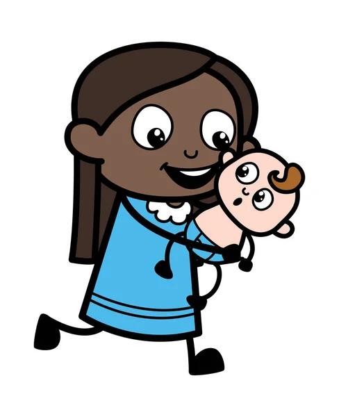 漫画黒の女の子は赤ちゃんを保持 — ストックベクタ