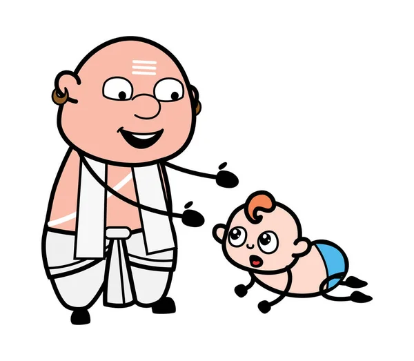 Dibujos Animados Sur India Pandit Con Crowling Bebé — Archivo Imágenes Vectoriales