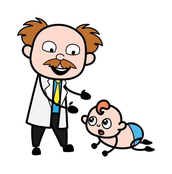 Cartoon Scientist Crowling Baby - Stok Vektor