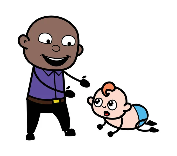 Cartoon Kald Black Man Met Crowling Baby — Stockvector