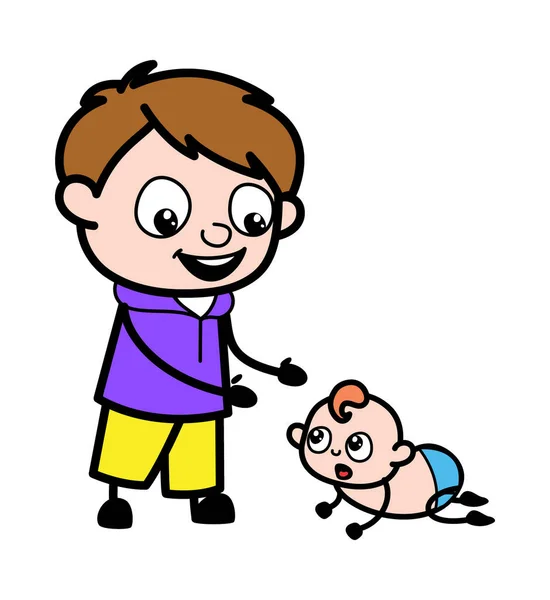 Cartoon Boy Met Crowling Baby — Stockvector