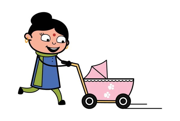 卡通片 有婴儿车的印第安女士 — 图库矢量图片