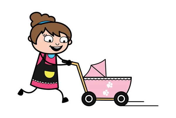 带婴儿车的卡通美容师 — 图库矢量图片