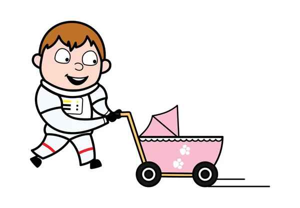 Astronauta Dos Desenhos Animados Com Carrinho Bebê — Vetor de Stock