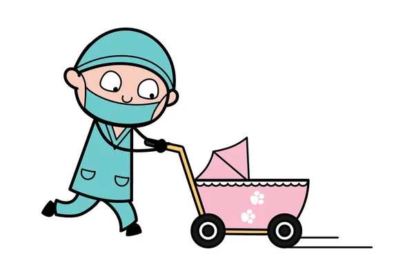 Cirujano Dibujos Animados Con Carrito Bebé — Archivo Imágenes Vectoriales