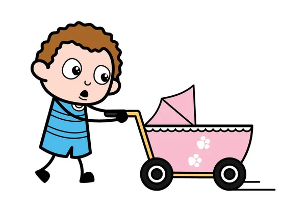 Cartoon Kid Dengan Baby Cart - Stok Vektor