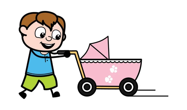 Cartoon Teen Boy Dengan Baby Cart - Stok Vektor