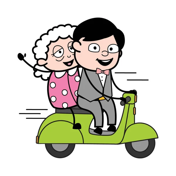 Çizgi Film Damadı Scooter Sürüyor Yaşlı Bir Kadınla — Stok Vektör