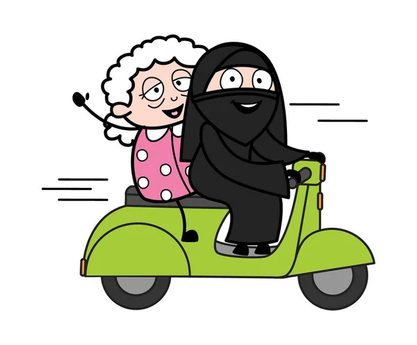 Dessin Animé Femme Musulmane Équitation Scooter Avec Une Vieille Dame — Image vectorielle