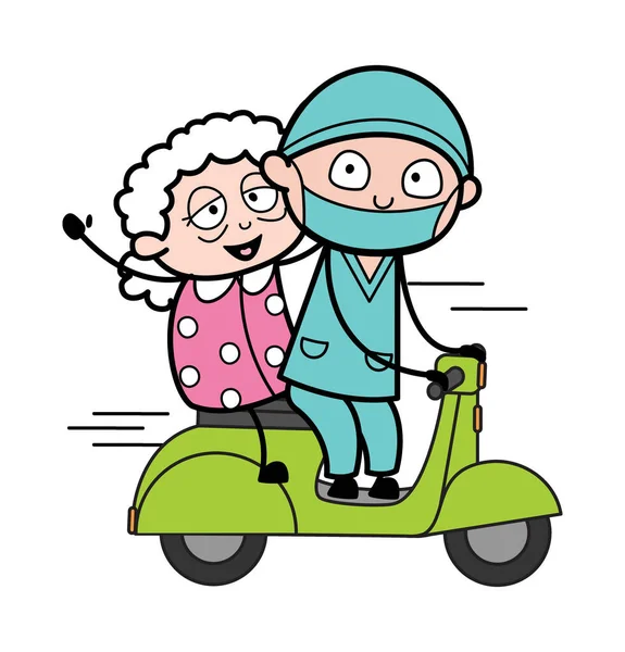 Cartoon Chirurg Paardrijden Scooter Met Een Oude Dame — Stockvector