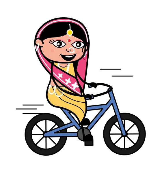 Cartoon Indian Woman Riding Bicycle — Stock Vector