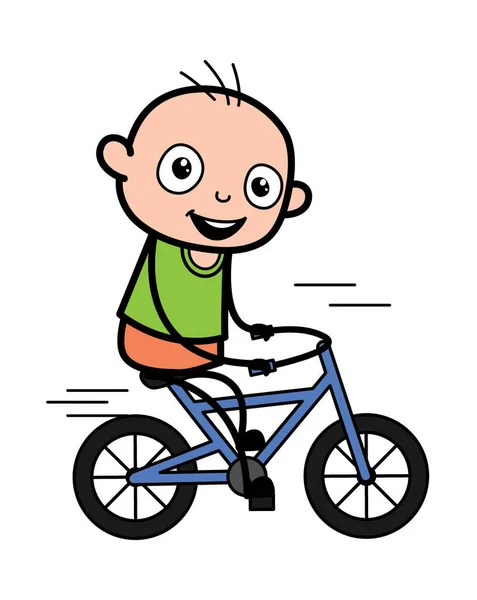 Caricatura Calvo Niño Montar Bicicleta — Vector de stock