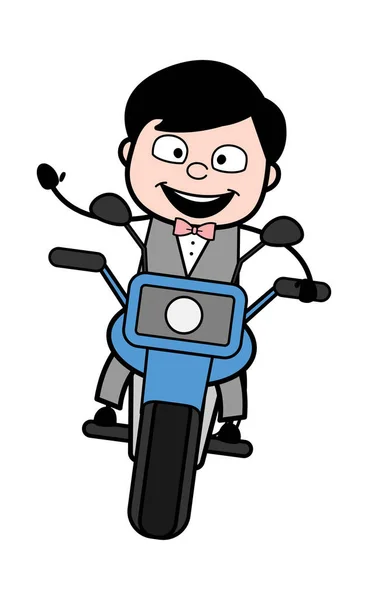 Cartoon Bräutigam Beim Motorradfahren — Stockvektor