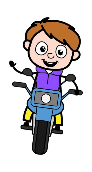 Cartoon Boy Sella Alla Moto — Vettoriale Stock